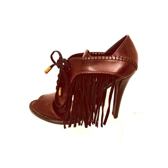 Louis Vuitton Dakota Heels Size 37 Burgundy Bordeaux Leather Fringe Peep Toe - Picture 2 of 14
